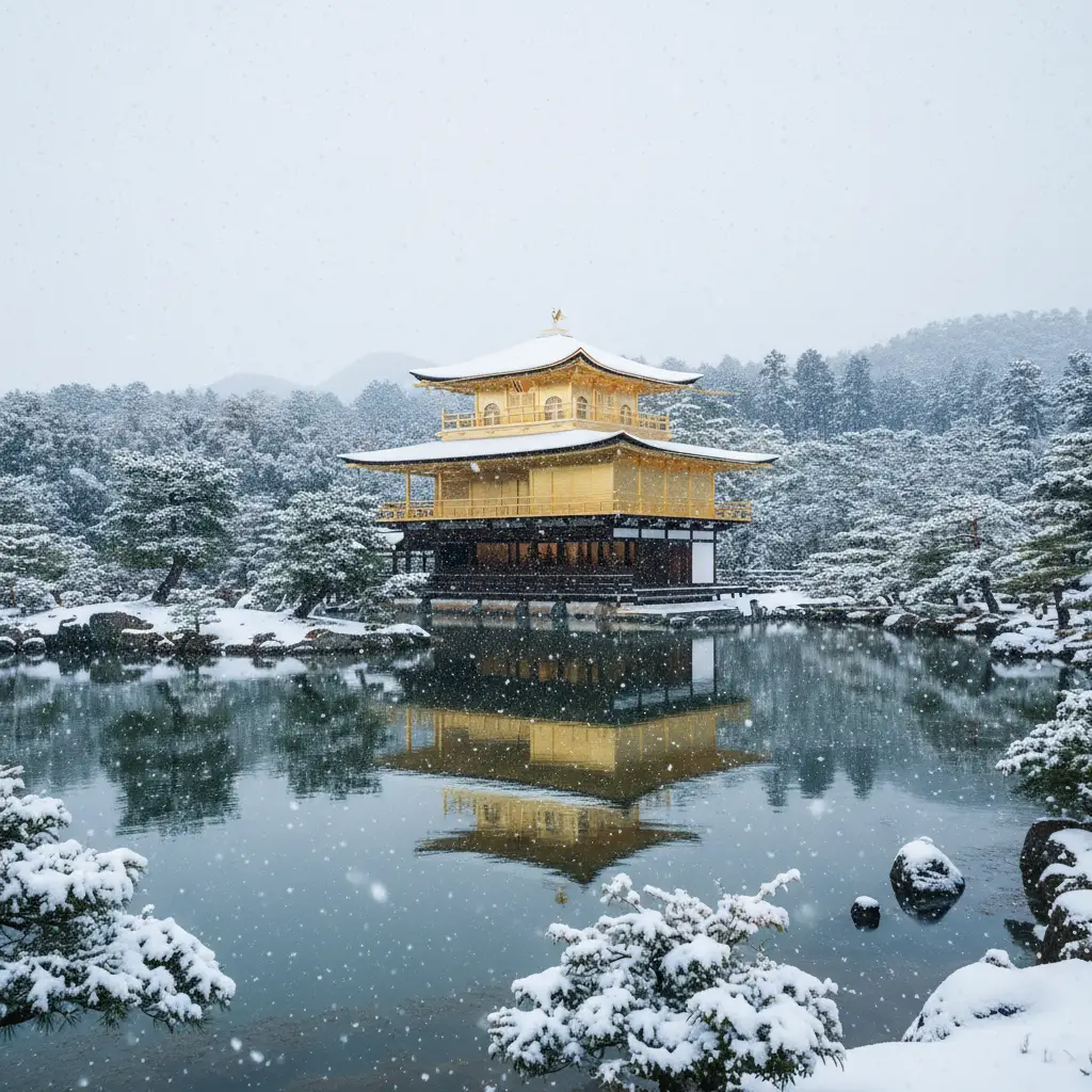 Vẻ đẹp dát vàng của Chùa Kinkakuji giữa khung cảnh tuyết trắng
