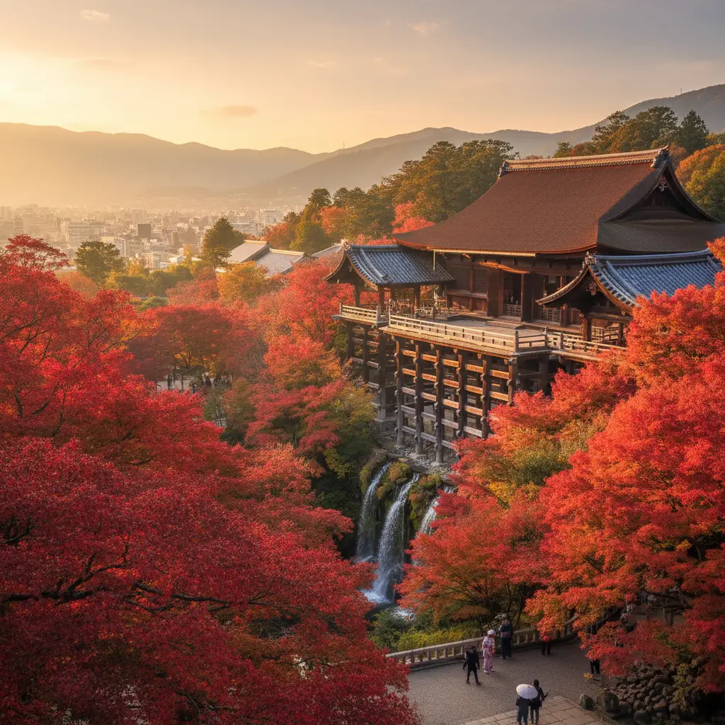 Toàn cảnh Chùa Kiyomizudera với sân khấu gỗ độc đáo vào mùa thu