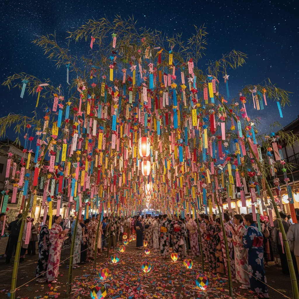 Những dải giấy tanzaku với lời ước nguyện được treo trên cành tre trong lễ hội Tanabata dưới ánh sao lung linh