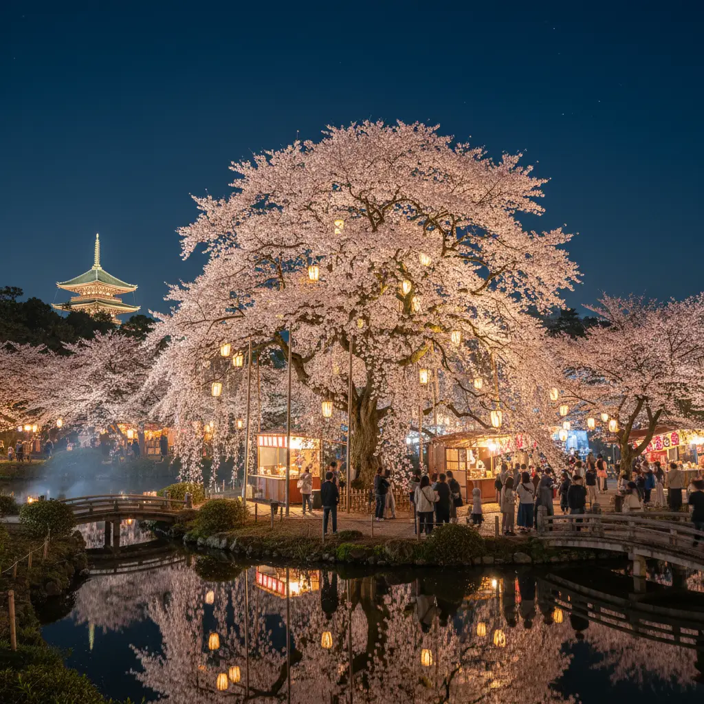 Cây anh đào rủ khổng lồ tại Công viên Maruyama lung linh về đêm