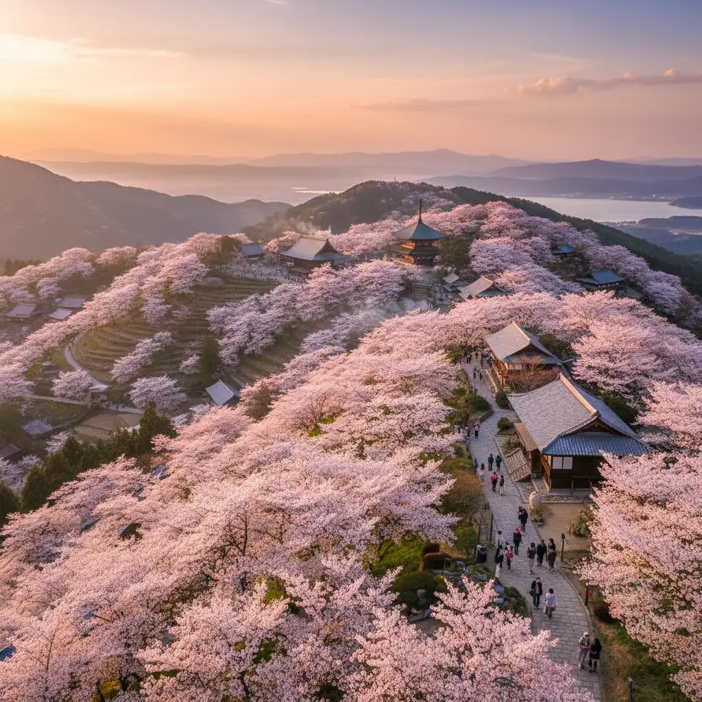 Núi Yoshino với hàng ngàn cây anh đào nở rộ tạo nên một biển hoa hùng vĩ