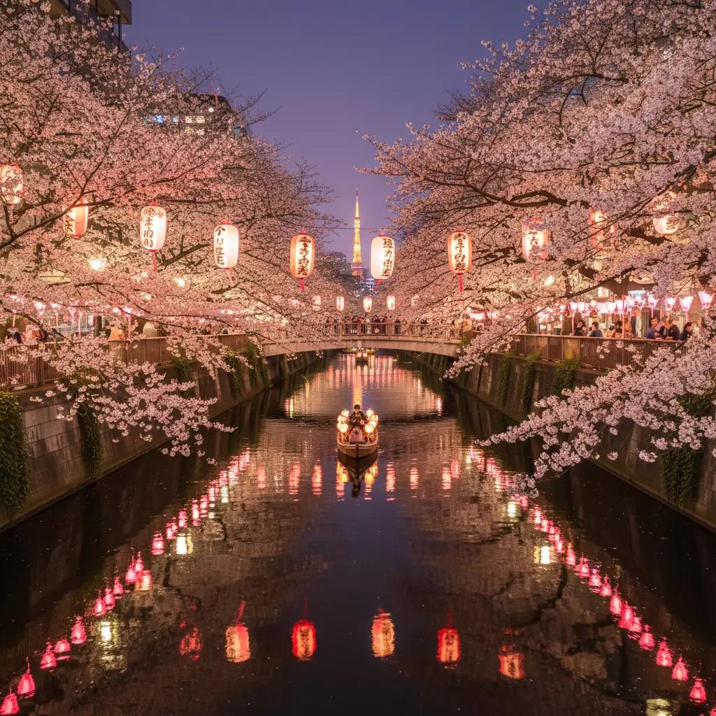 Sông Meguro thơ mộng với đường hầm hoa anh đào và ánh đèn lồng lung linh về đêm