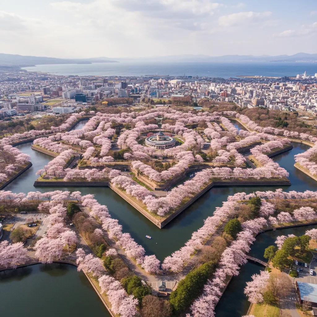 Toàn cảnh pháo đài Goryokaku hình ngôi sao được bao phủ bởi sắc hồng của hoa anh đào khi nhìn từ trên cao