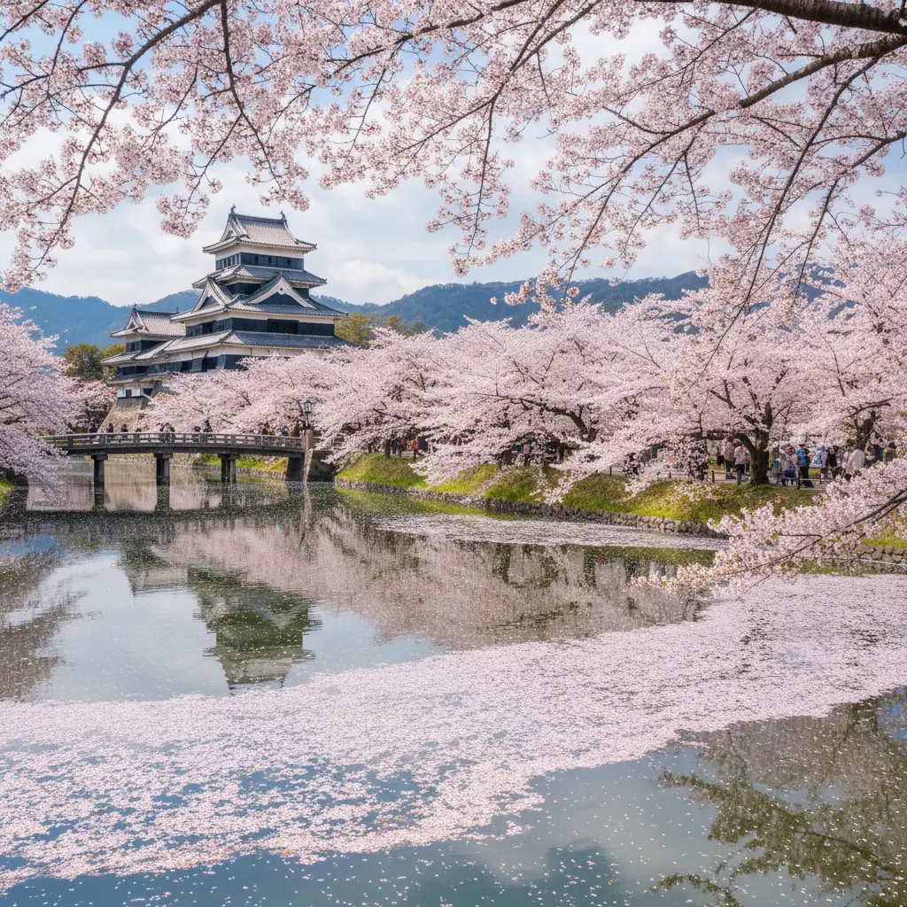 Khung cảnh lâu đài Hirosaki cổ kính soi bóng bên hào nước phủ đầy cánh hoa anh đào