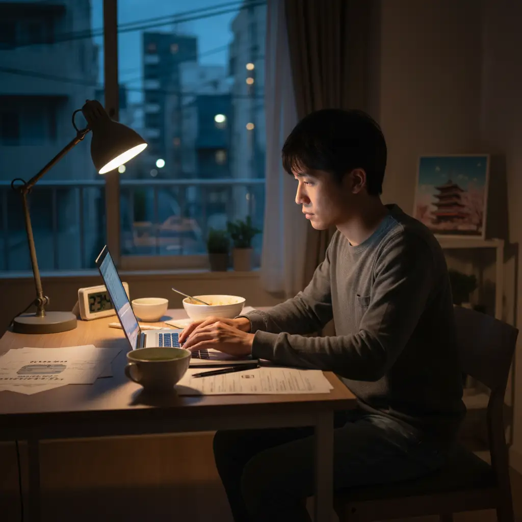 Một thực tập sinh làm việc online trên laptop vào buổi tối tận dụng thời gian rảnh rỗi