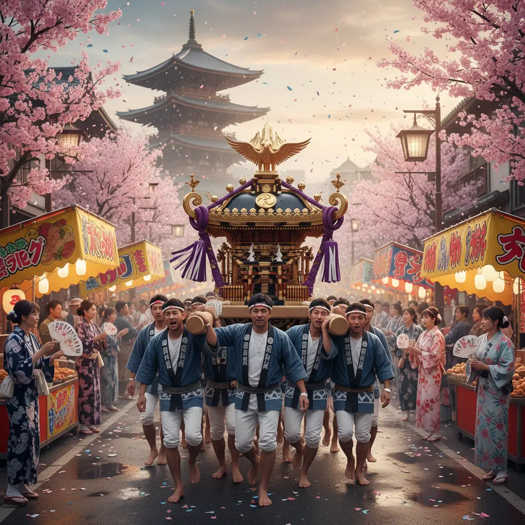 Chiếc kiệu Mikoshi được trang trí lộng lẫy chứa đựng linh hồn của các vị thần được khiêng đi khắp phố phường trong lễ hội