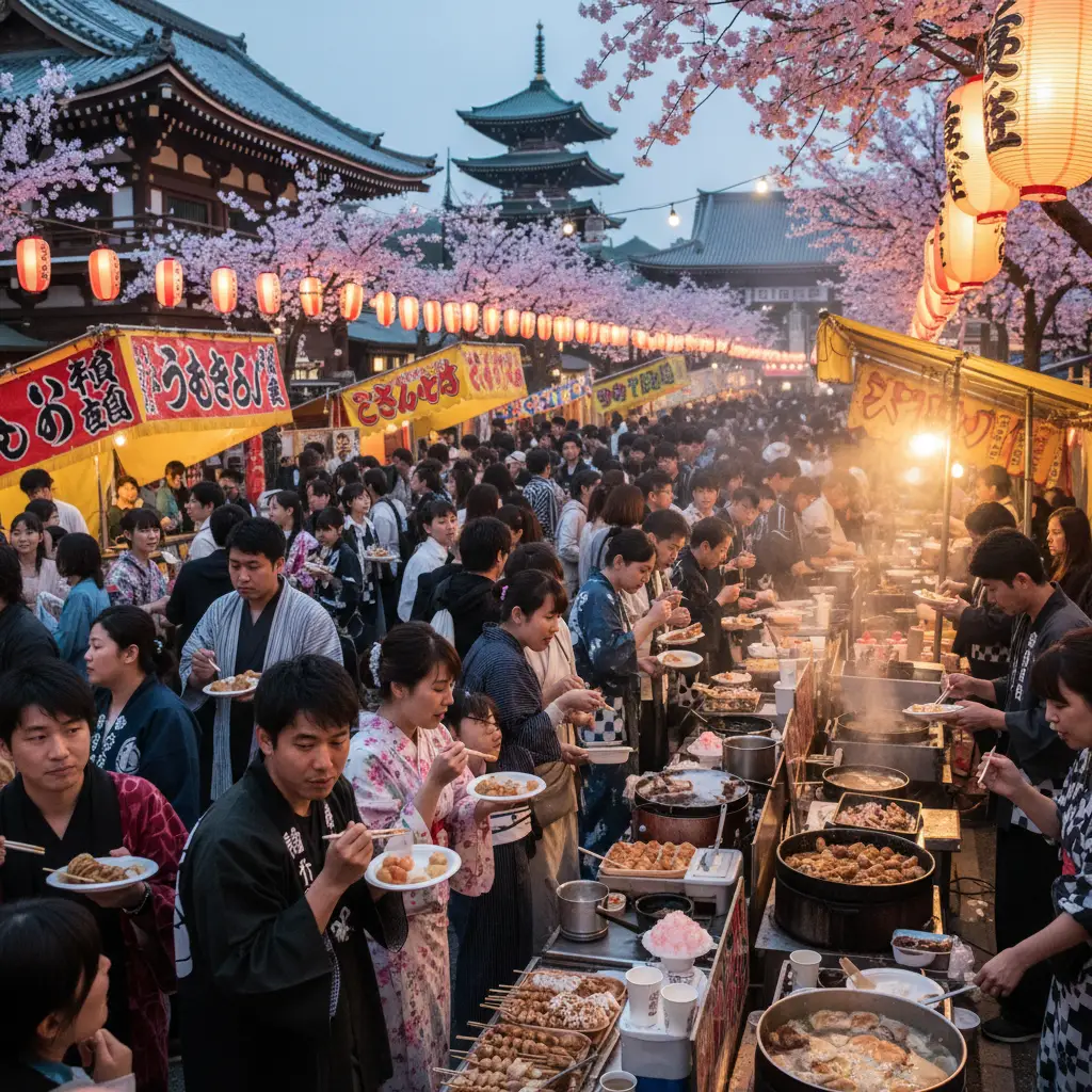 Đám đông du khách và người dân địa phương thưởng thức ẩm thực đường phố đa dạng và hấp dẫn tại một lễ hội Nhật Bản