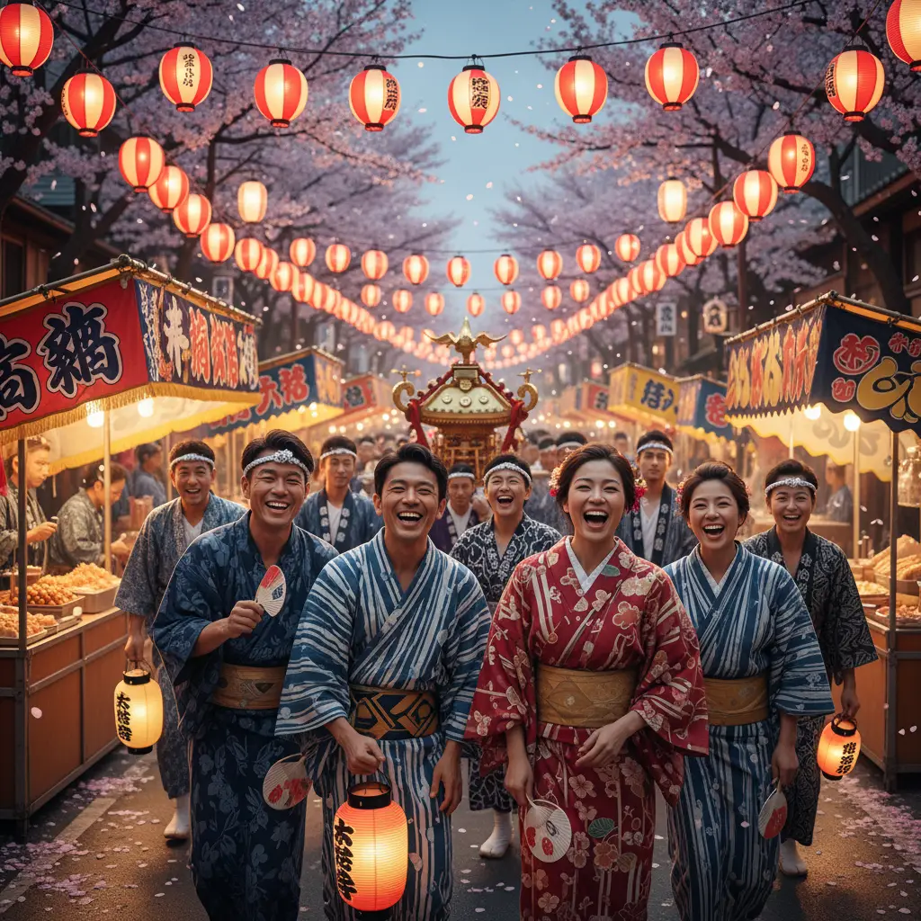 Người dân Nhật Bản từ trẻ nhỏ đến người lớn cùng nhau tham gia lễ hội với trang phục truyền thống và nụ cười rạng rỡ thể hiện tinh thần cộng đồng