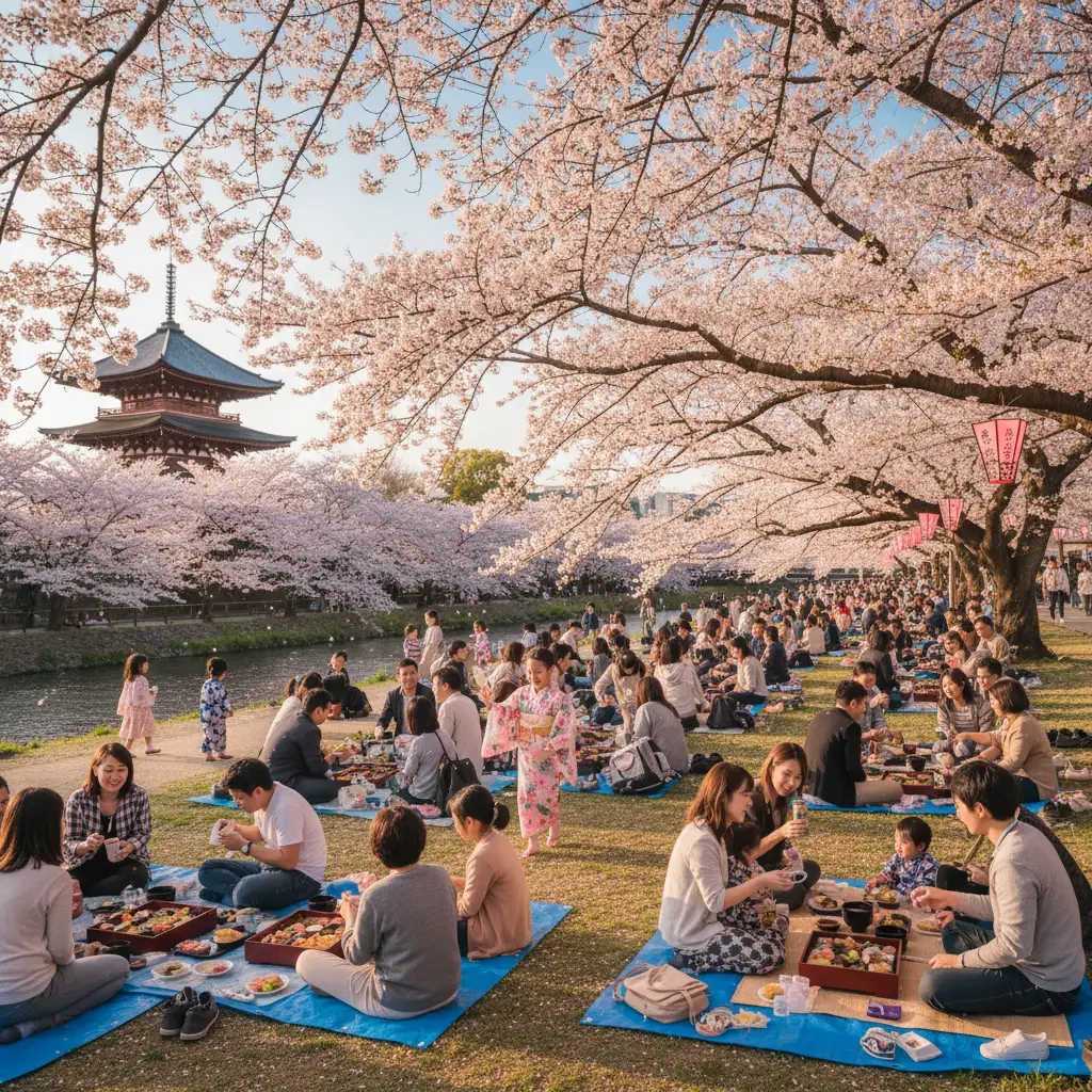 Người dân Nhật Bản và du khách cùng nhau ngắm hoa anh đào trong lễ hội Hanami thưởng thức picnic dưới tán cây