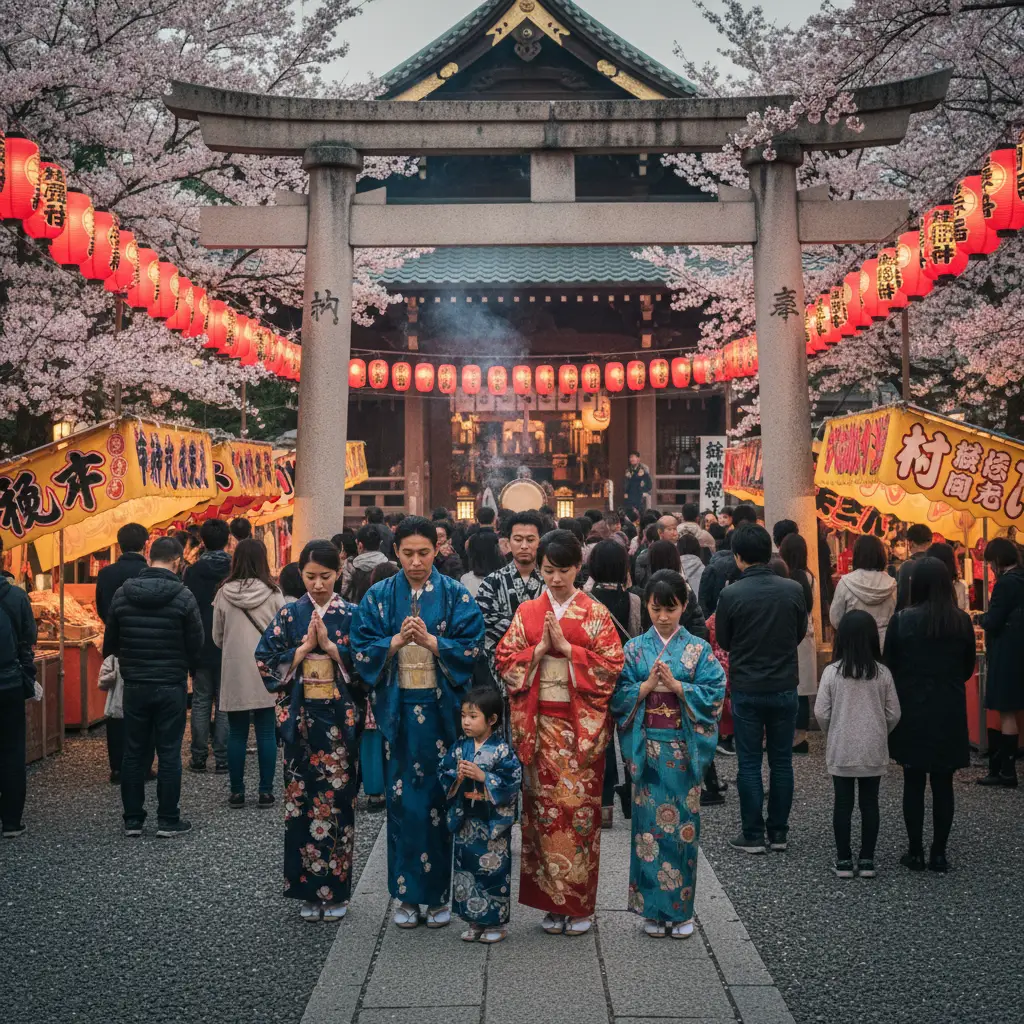 Người dân Nhật Bản thực hiện nghi thức cầu nguyện trang nghiêm tại một đền thờ trong lễ hội