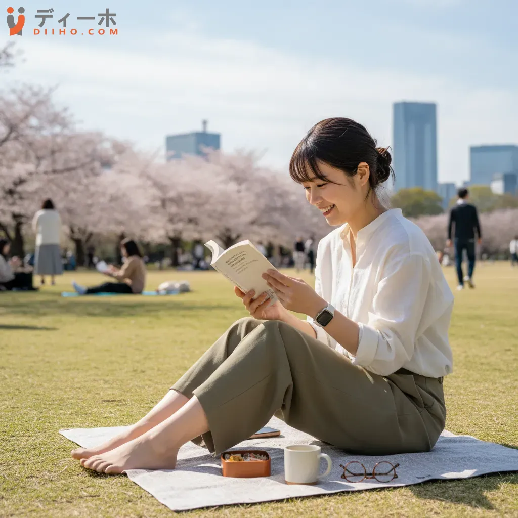 Một phụ nữ trẻ Nhật Bản tận hưởng thời gian rảnh rỗi trong công viên minh họa cho sự ưu tiên cân bằng cuộc sống