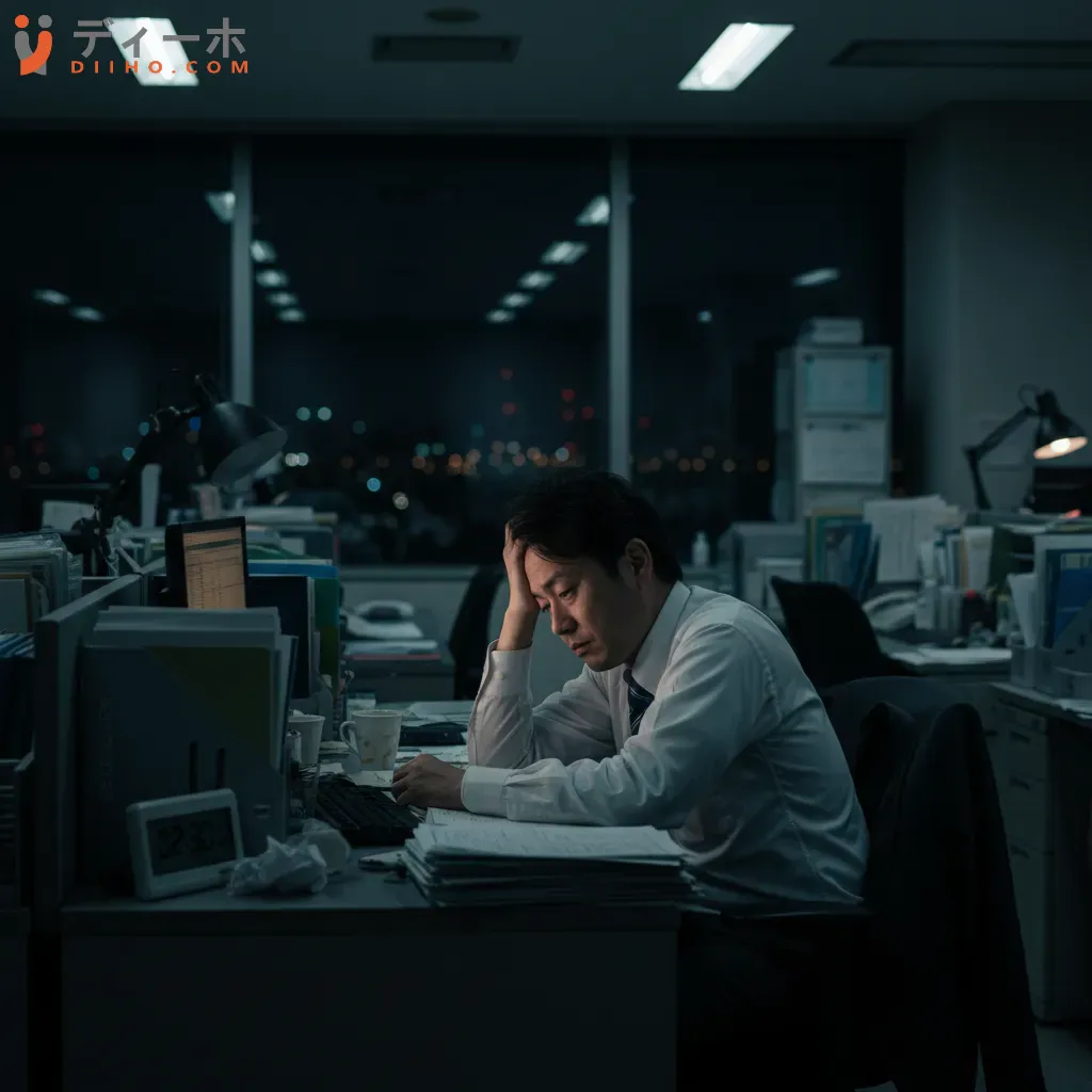 Hình ảnh một nhân viên văn phòng Nhật Bản kiệt sức làm việc đến khuya minh chứng cho áp lực công việc nặng nề