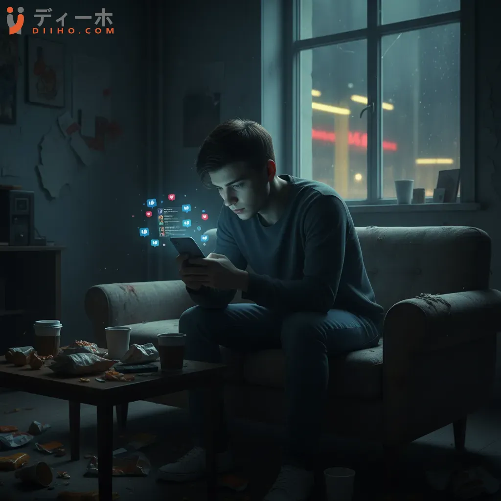 Một người trẻ chìm đắm vào màn hình điện thoại tượng trưng cho sự cô lập trong thế giới kết nối ảo của mạng xã hội