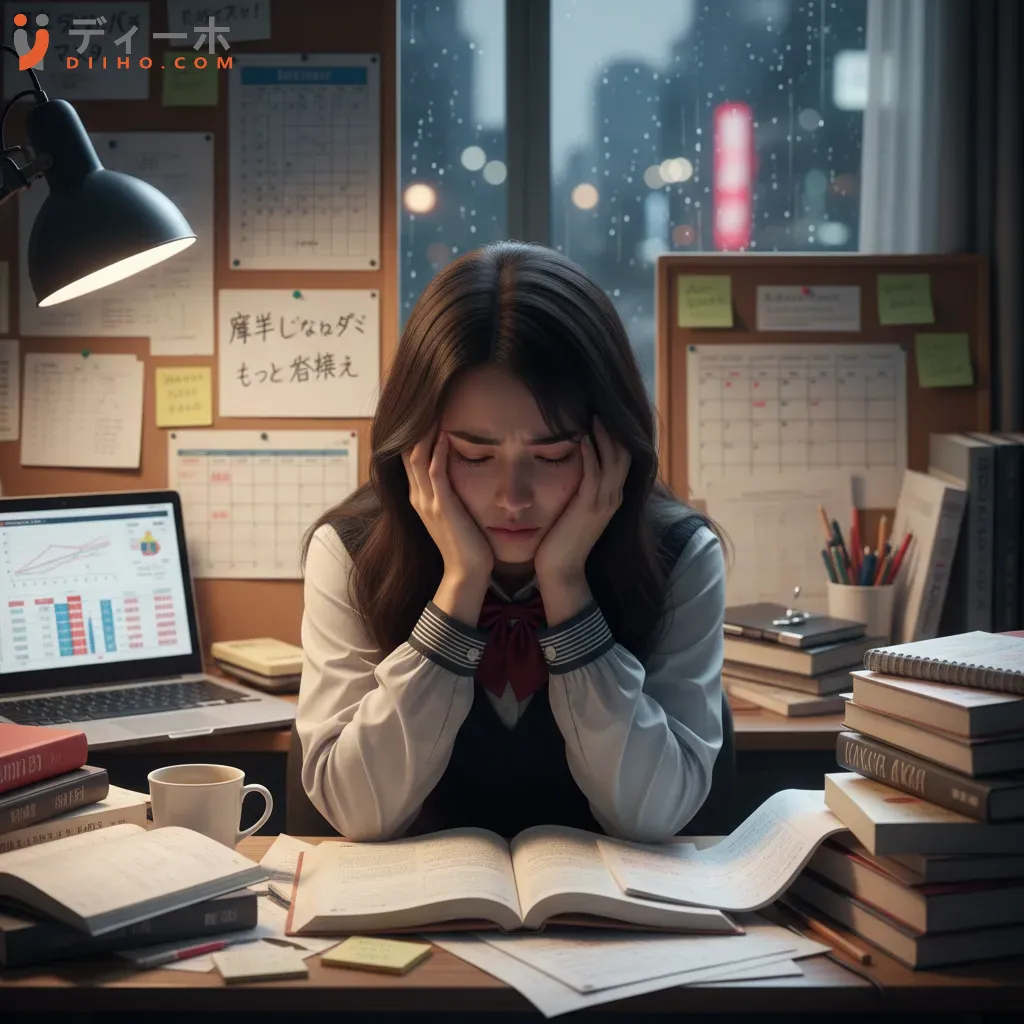 Hình ảnh một học sinh Nhật Bản căng thẳng dưới áp lực học tập và kỳ vọng xã hội cao minh họa cho chủ nghĩa hoàn hảo