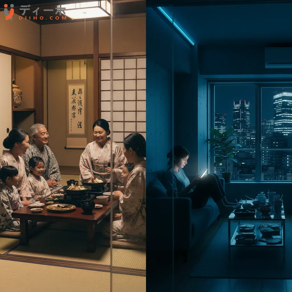 Sự tương phản giữa hình ảnh gia đình truyền thống quây quần và cuộc sống hiện đại cô lập phản ánh sự suy yếu của cộng đồng