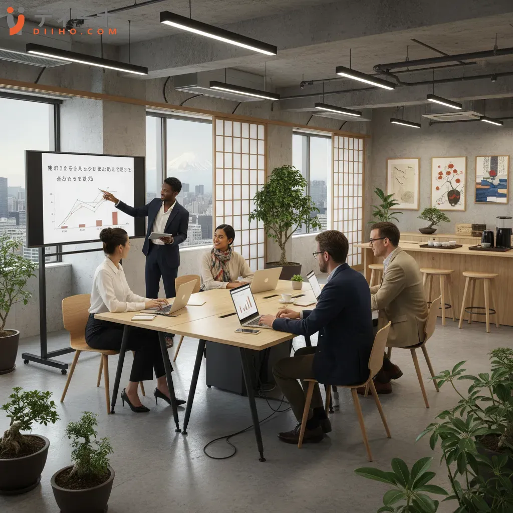 Các chuyên gia trẻ đa dạng đang hợp tác trong một không gian văn phòng hiện đại và linh hoạt tại Nhật Bản