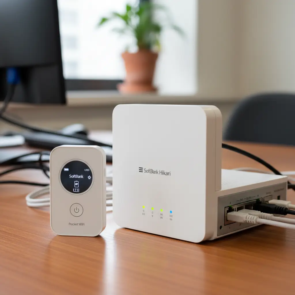 Thiết bị Pocket WiFi nhỏ gọn mang lại sự tiện lợi di động trong khi modem SoftBank Hikari đảm bảo kết nối cố định tốc độ cao