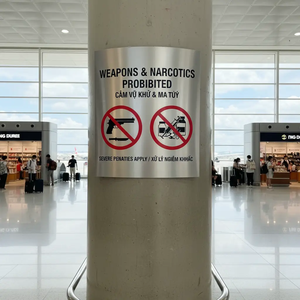 Biển báo cấm mang vũ khí và ma túy tại các cửa khẩu quốc tế của Nhật Bản