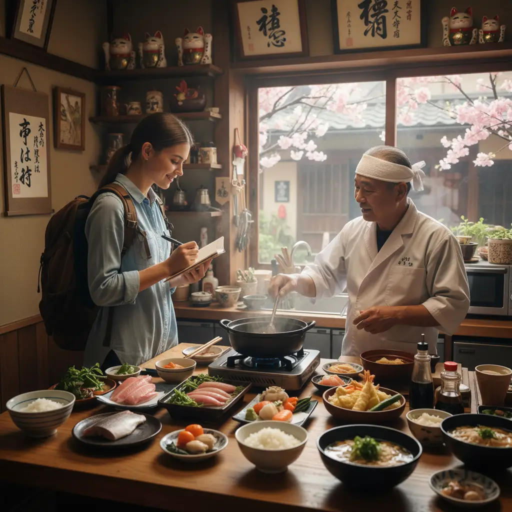 Một du khách đang tìm hiểu về ẩm thực Nhật Bản trước chuyến đi