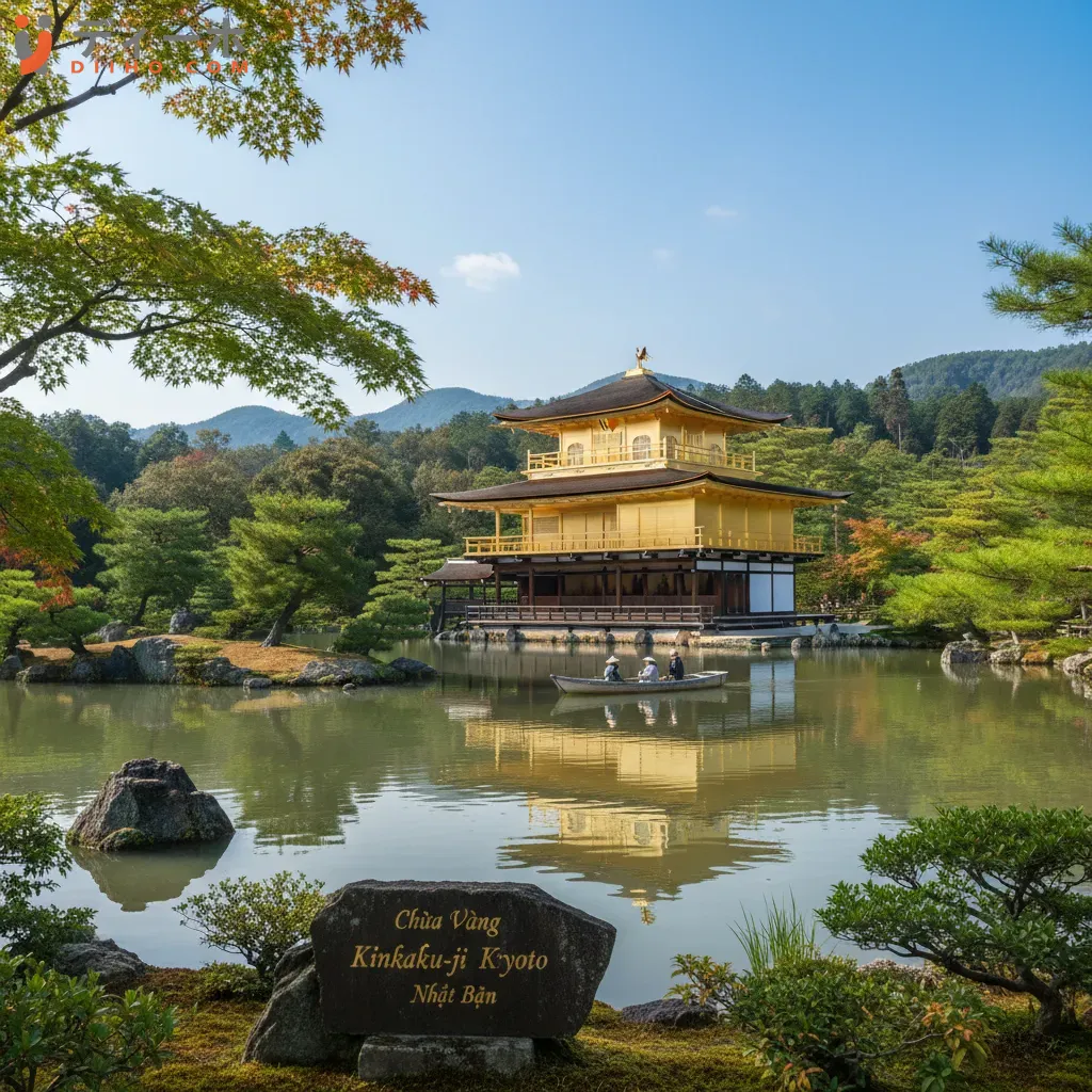 Chùa Vàng Kinkakuji biểu tượng của Kyoto với kiến trúc dát vàng rực rỡ soi bóng hồ nước