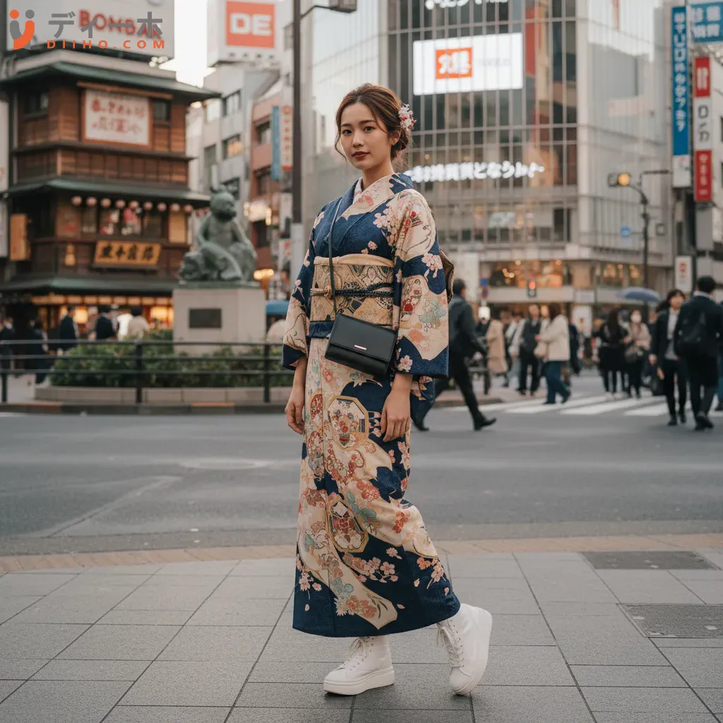 Một cô gái trẻ Nhật Bản kết hợp kimono truyền thống với phong cách hiện đại thể hiện sự giao thoa văn hóa độc đáo