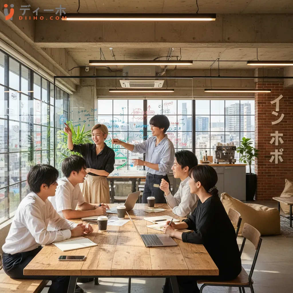 Một nhóm bạn trẻ Nhật Bản đang thảo luận sôi nổi thể hiện tinh thần khởi nghiệp và hợp tác