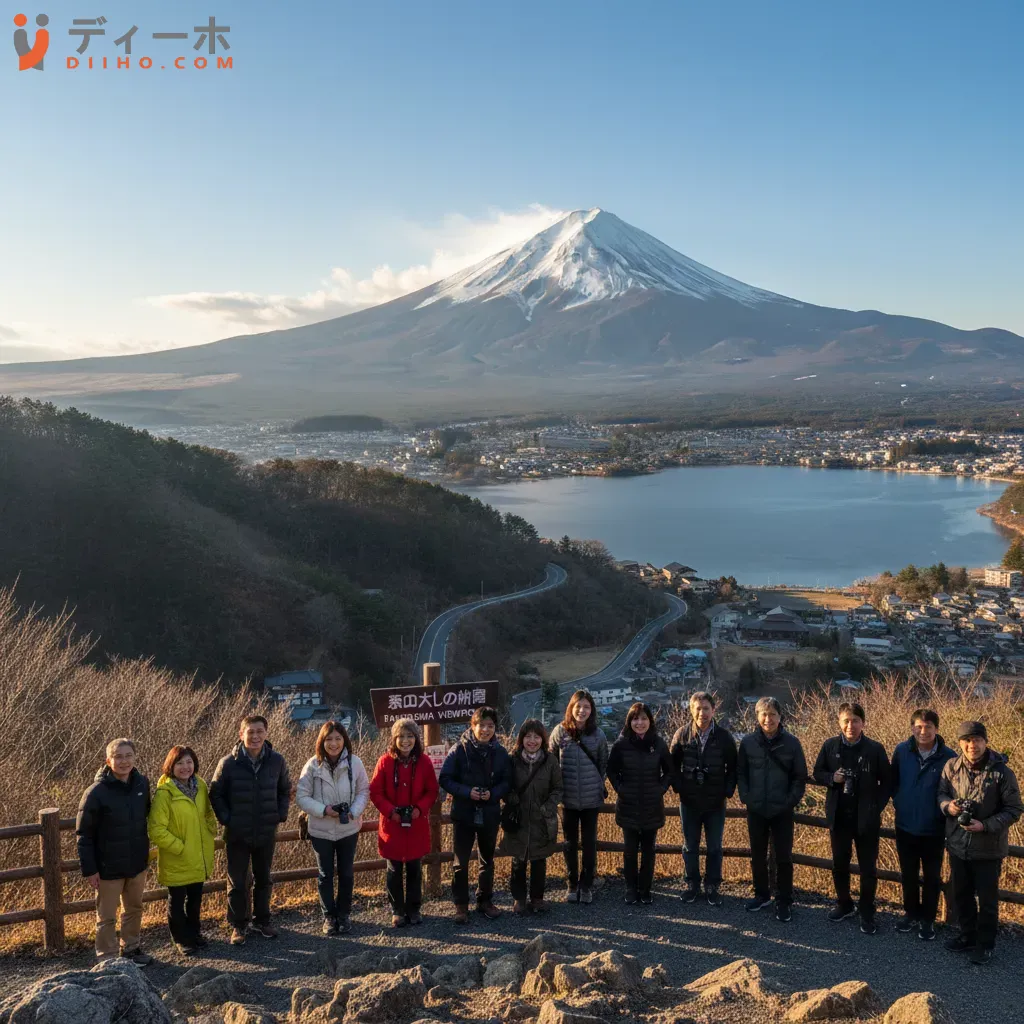 Du khách chiêm ngưỡng vẻ đẹp hùng vĩ của núi Phú Sĩ biểu tượng của tiềm năng du lịch mạnh mẽ tại Nhật Bản