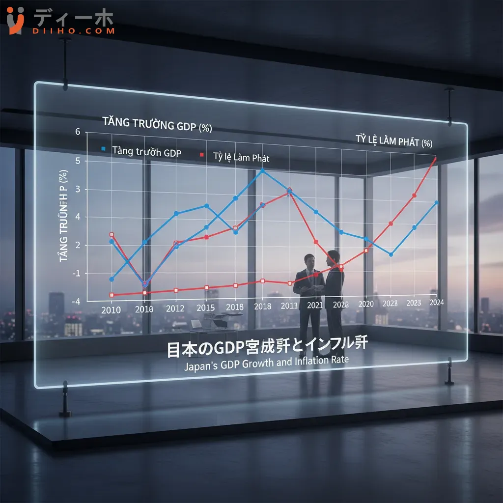 Biểu đồ minh họa mối quan hệ giữa tăng trưởng GDP và tỷ lệ lạm phát ở Nhật Bản