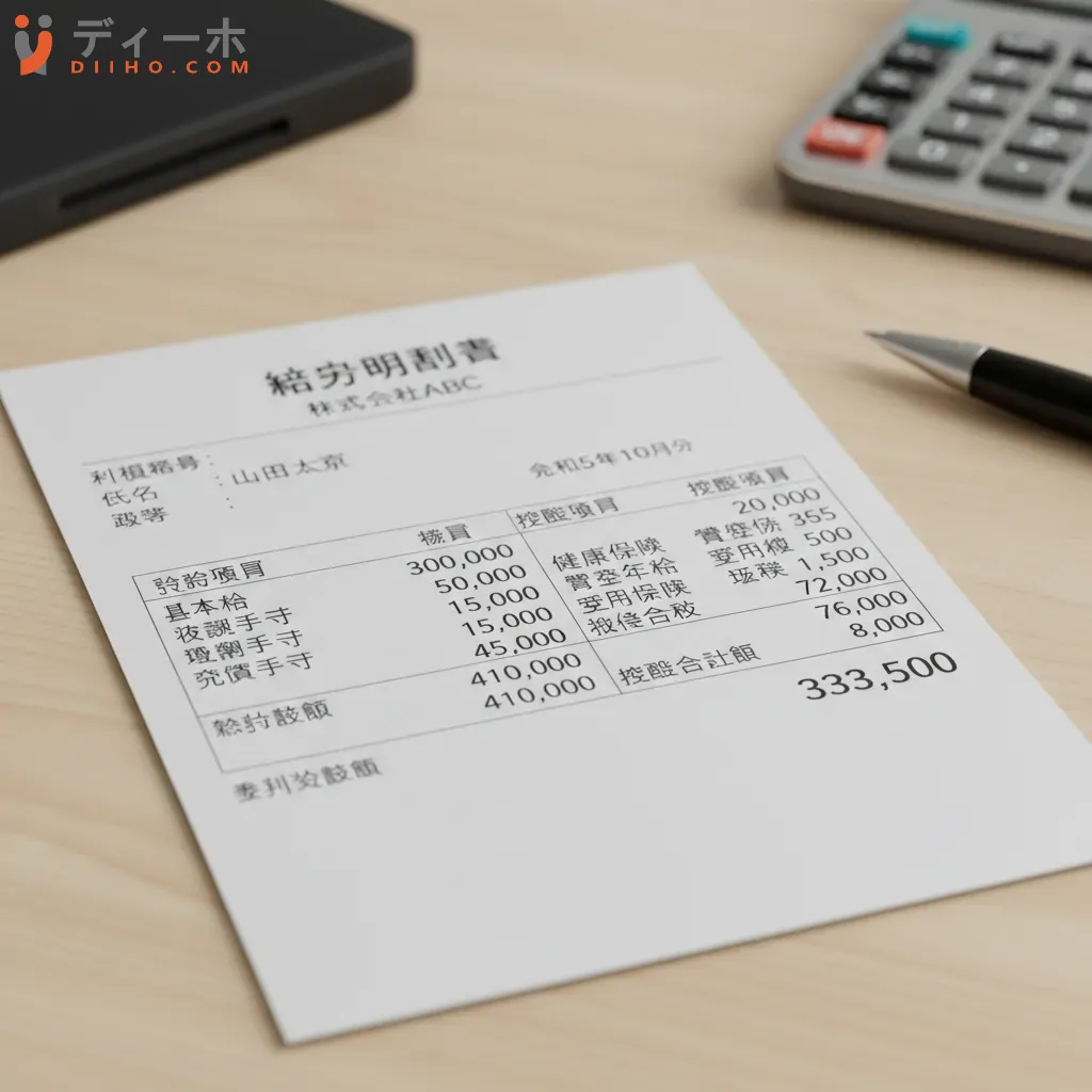 Một phiếu lương mẫu tại Nhật Bản thể hiện rõ các khoản thu nhập và khấu trừ