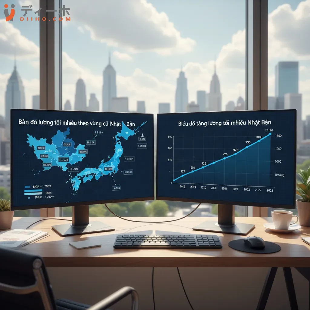 Biểu đồ thể hiện sự khác biệt về mức lương tối thiểu giữa các tỉnh thành tại Nhật Bản